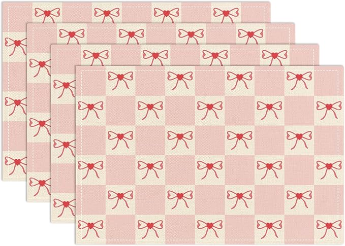 Pink Bow Placemats Set of 4, Table Mat for Home Kitchen, Restaurants, Outdoor Linen Washable Place Mats 12x18 inch Party Event Dining Decoration-03