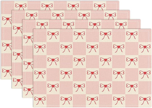 Pink Bow Placemats Set of 4, Table Mat for Home Kitchen, Restaurants, Outdoor Linen Washable Place Mats 12x18 inch Party Event Dining Decoration-03