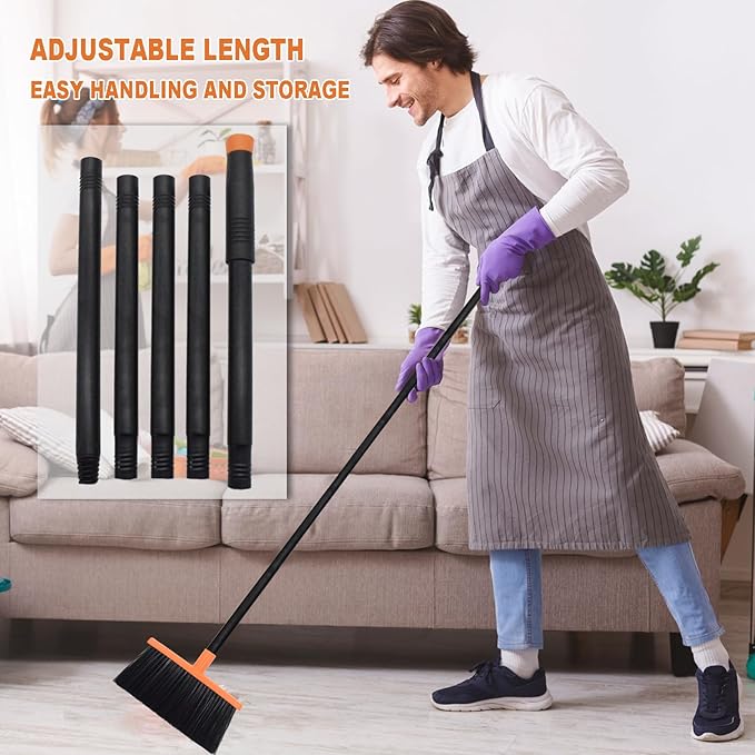 Small Broom Stiff Bristles Brush with Long Handle Indoor or Outdoor Compact Broom for Sweeping Patio Garage Garden,Deck,Concrete Floor,Bathroom (Orange)