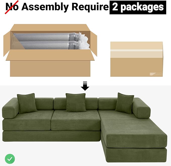 108" Oversized Convertible Sleeper Sofa Bed, Corduroy L Shape Sectional Couch, Folding Sofa Bed with Side Pocket, Modern Cloud Floor Mattress Couch, Modular Sofa for Living Room, Green