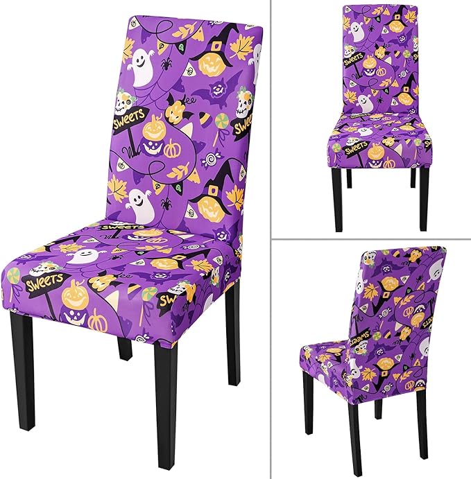 JQinHome Purple Halloween Chair Slipcover, Spider Web Chair Covers Set of 4, High Stretch Washable Chair Protector Cover for Dining Room, Kitchen,Home Party,Wedding Ceremony(Purple Candy,4PC)