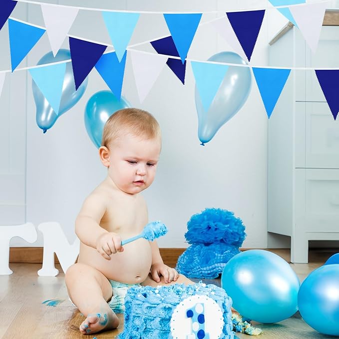 MARFOREVER 30 Pcs Royal Blue White Pennant Banner Flags, Blue Party Decorations Fabric Triangle Flag Bunting Garland for Outdoor Garden Birthday Wedding Bridal Baby Shower Nautical Party Supplies