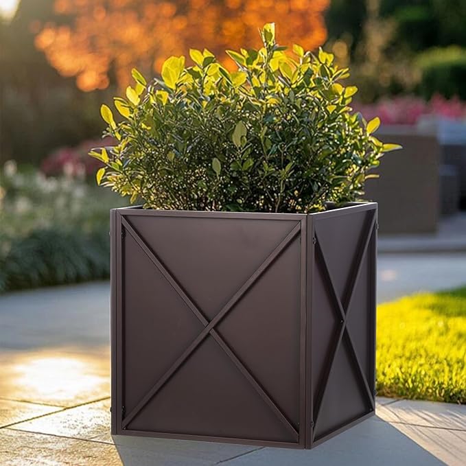 Metal Square Planter Box Tall Planters for Outdoor Plants Modern Heavy Duty with Drainage Holes for Outside Indoor Patio Deck - Brown, 17”x 17”x 18”
