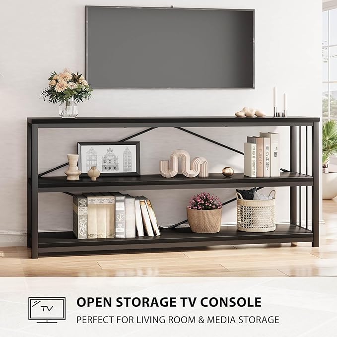 LVB Black Entryway Table, Modern Extra Long Sofa Console Table, Metal Wood Narrow Hallway Table with Storage Shelves, Industrial Skinny Foyer Couch Tables for Living Room Bedroom, Black Oak, 70 Inch