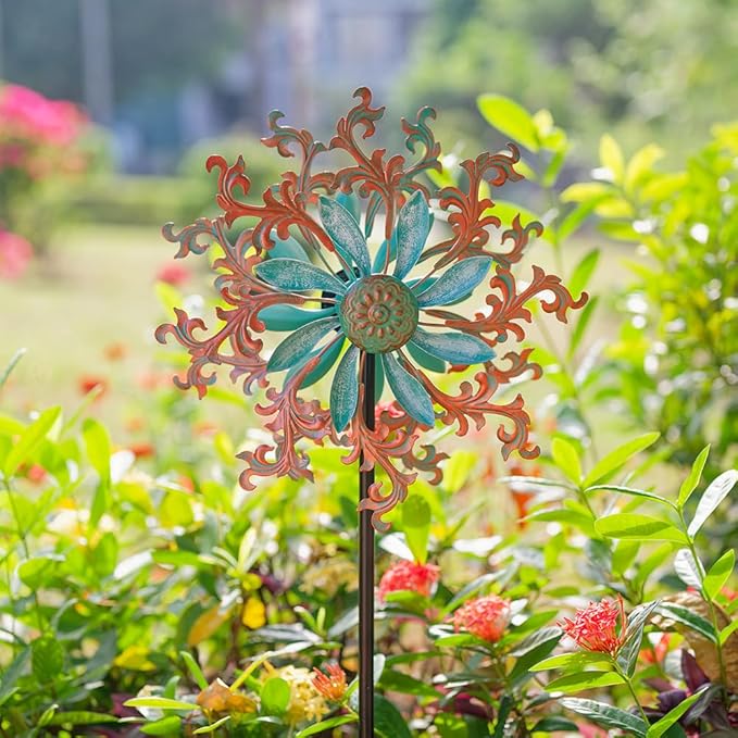 Viveta Wind Spinners Outdoor, Metal Wind Sculptures for Yard and Garden,13 * 57 "Double Windmill with Stable Stake