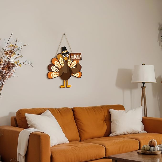 Jetec Happy Thanksgiving Turkey Door Sign Decor Wooden Turkey Sign Wall Art Hanging Rustic Plaque for Autumn Thanksgiving Day Front Door Home Decoration (Classic)