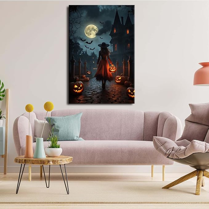 JFHCQJPK Halloween theme poster moonlit autumn night witch vintage poster art print dark college style gothic painting canvas wall decoration bedroom living room ideal gift20x30in Frameless