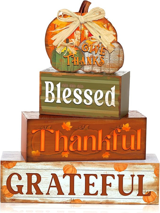 4 Pcs Fall Thanksgiving Decor for Home Thanks Pumpkin Wooden Signs with Blessed Autumn Tiered Tray Decor Give Thanks Tabletop Centerpiece Grateful Block Signs for Fall Office Kitchen Shelf