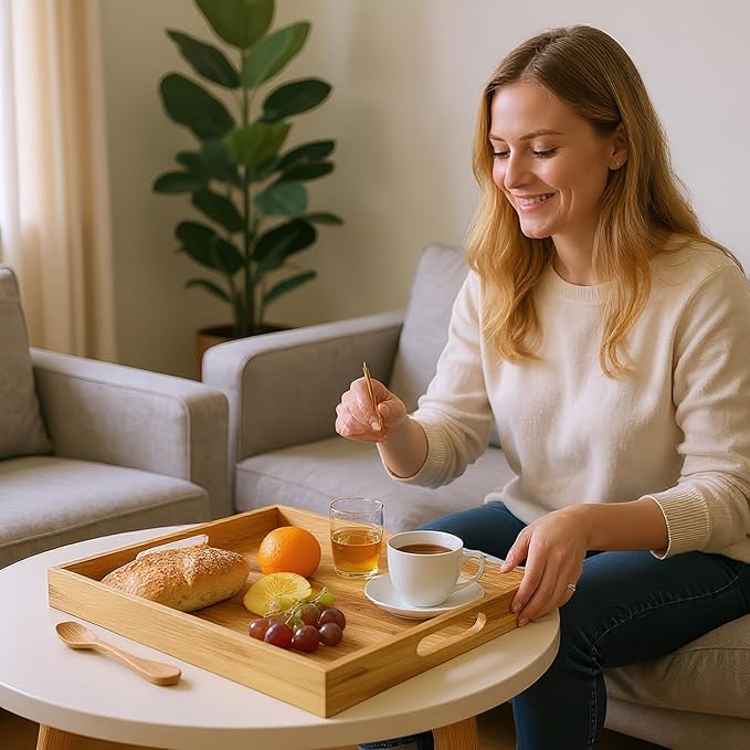 Koppen Acacia Wood Serving Tray with Handles, 17" x 13.86", Large Wooden Platter for Breakfast, Ottoman Tray for Party, Snacks, Fruit, Coffee Table, Living Room, Sofa, Bed, Outdoor