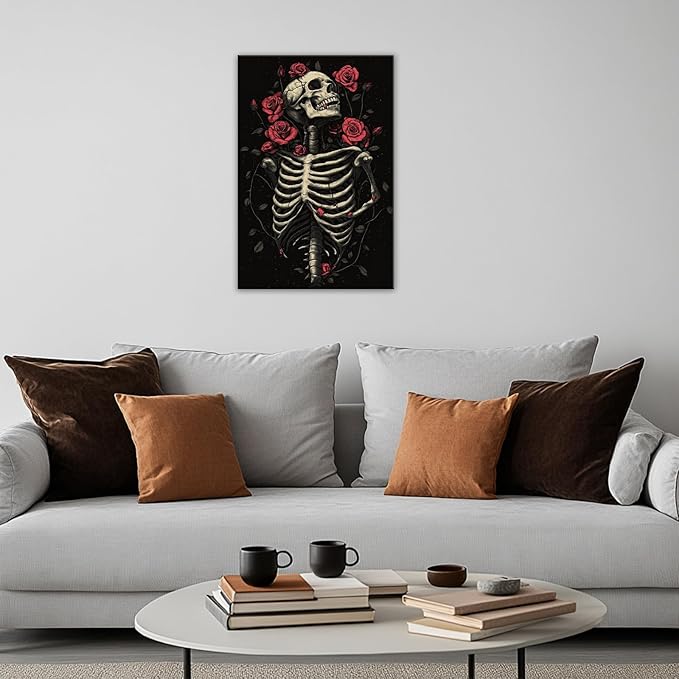 OAAPITI Gothic Skull Wall Art Skeleton and Roses Canvas Pictures Print Vibrant Dark Art Decor for Bedroom Living Room Bathroom(Artwork-6,24"x36")