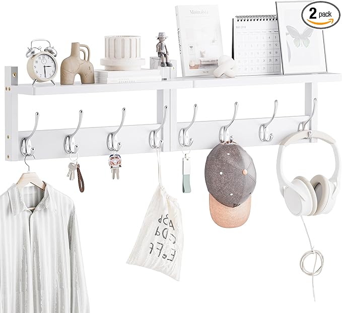 2 Pack Coat Rack Wall Mount, Bamboo Coat Hook with Storage Shelf, Coat Hanger with 8 Dual Hooks, Wall Floating Shelf for Entryway Hallway Kitchen, Bathroom, Bedroom (White+Slive)