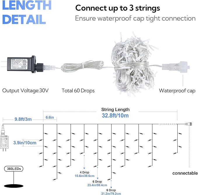 Hopolon 33FT 360L LED Christmas Icicle Lights Outdoor Waterproof,8 Modes Plug in Curtain String LIghts With 60 Drops,Christmas Lights for Wedding,Party,Bedroom,Home,Garden,Wall Decorations(Blue White)