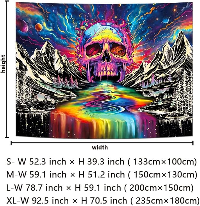 Blacklight Skull Tapestr UV Reactive Galaxy Mountain Planet Tapestries Magic Neon River Wall Hanging Aesthetic Skeleton Wall Decor Forest Trees Landscape Backdrop for Living Room