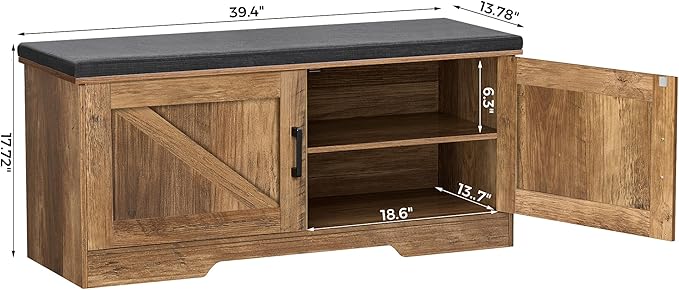 2-Tier Storage Bench, Shoe Bench with Padded Seat Cushion, Entryway Bench with 2 Barn Doors, Adjustable Shelf, 13.8" D x 39.4" W x 17.7" H, for Entryway, Living Room, Bedroom, Rustic Walnut