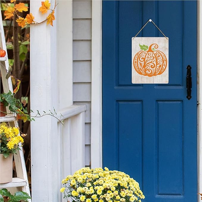 MIGUMUTU Rustic Farmhouse Fall Signs Door Wall Hanging Decor, Fall Room Home Decor, Pumpkin Decor Fall Decoration for Home, Pumpkin Sign Fall Wall Decor Decoration for Home Office 12 X 12 Inch