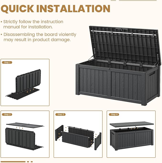 Deck Box, 120 Gallon Outdoor Storage Box Lockable Patio Waterproof for Furniture, Garden Tools, Sports Equipment and Pool Supplies, Waterproof, Resin, Lockable