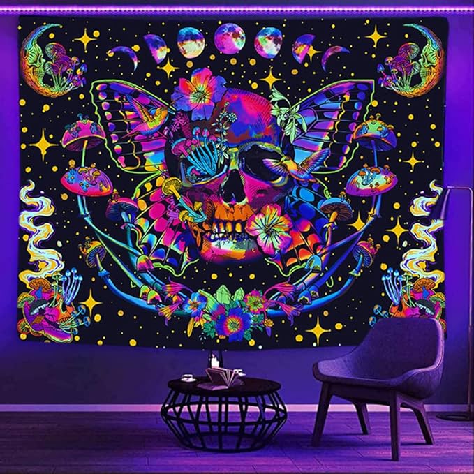 Skull Blacklight Tapestry, UV Reactive Skeleton Tapestry Trippy for Bedroom, Black Light Posters for Adults, Halloween Horror Wall Glow in Dark Tapestry Aesthetic Living Room Dorm Decor 60x51IN