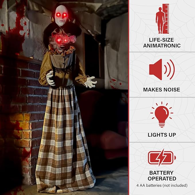 Haunted Hill Farm Lifesize Animatronic Scary Haunted Woman with Touch Activated Lights and Sound, Battery-Operated Indoor or Covered Outdoor Halloween Decoration