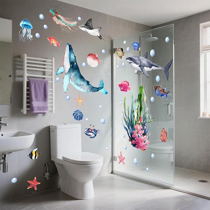 Glow in The Dark Ocean Wall Decals, 4 Sheets Underwater Sea Animal Stickers (Dolphin, Turtle, Jellyfish), Self-Adhesive Kids Bedroom Decor for Boys & Girls, Blue Glow Nursery Wall Art (7.8x11.8in)