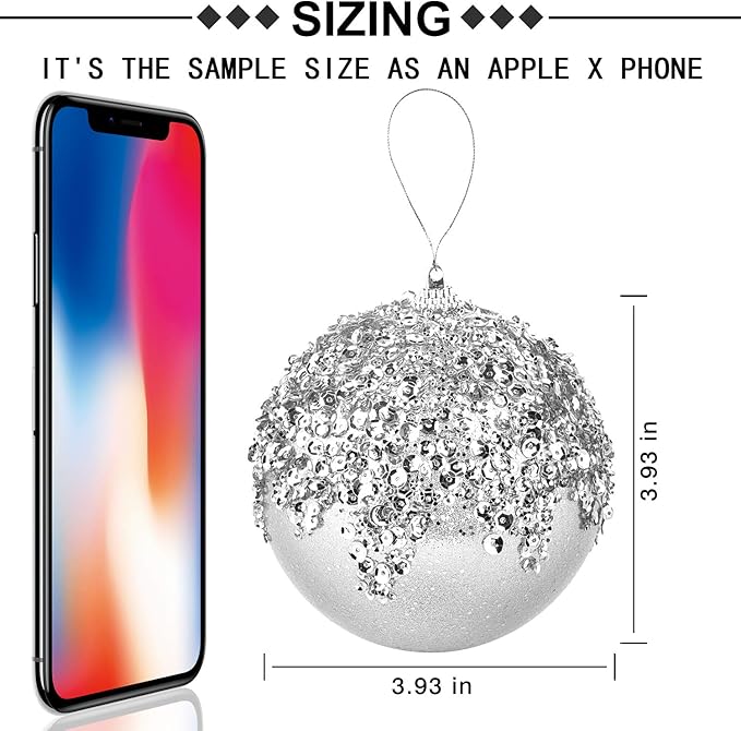 4" Christmas Ball Ornaments, 4pc Set Silver Shatterproof Christmas Decorations Tree Balls for Xmas Trees Wedding Party Holiday Decorations