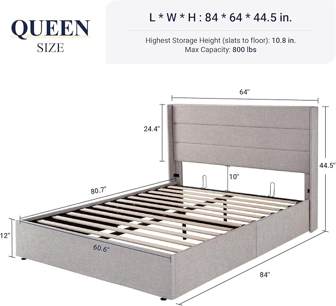 Allewie Queen Size Lift Up Storage Bed, Modern Wingback Headboard, Hydraulic Support, No Box Spring Needed, Light Beige