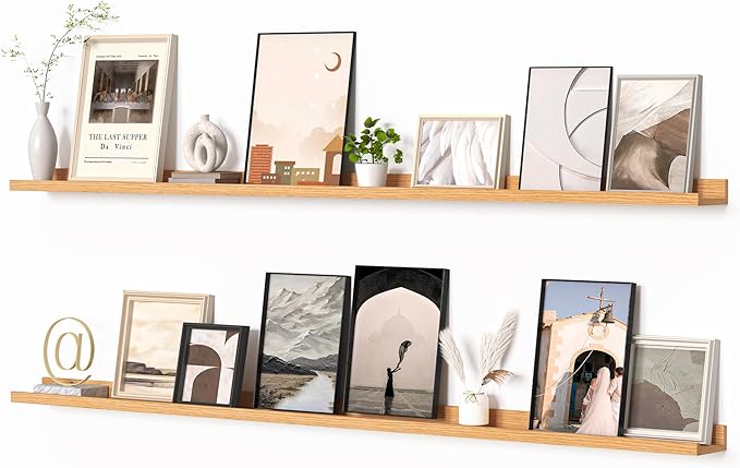 Heimlove Picture Ledge Shelf, Floating Shelves Set of 2, 72 Inches Long Large Picture Shelf for Wall with Ledge, Kids Bookshelf Wall Mounted for Living Room Bedroom Decor Books Photo Frames, Oak