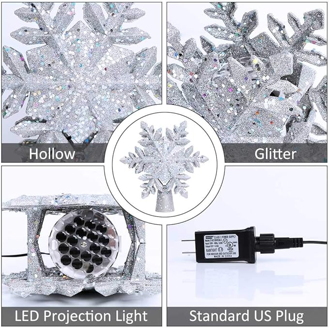 OurWarm Christmas Tree Topper Lighted with LED Rotating Silver Snowflake Decorations Projector Silver Snow Tree Topper Night Light Projector for Indoor Outdoor Christmas Tree Decorations