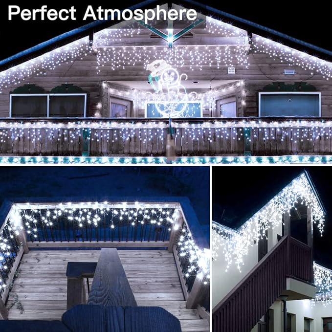 Ollny Icicle Lights for Outside 720LED 60FT, Cool White Christmas Lights with Remote 8 Modes Dimmable, Waterproof Connectable Timer Hanging Light for House Outdoor Yard Indoor Decorations