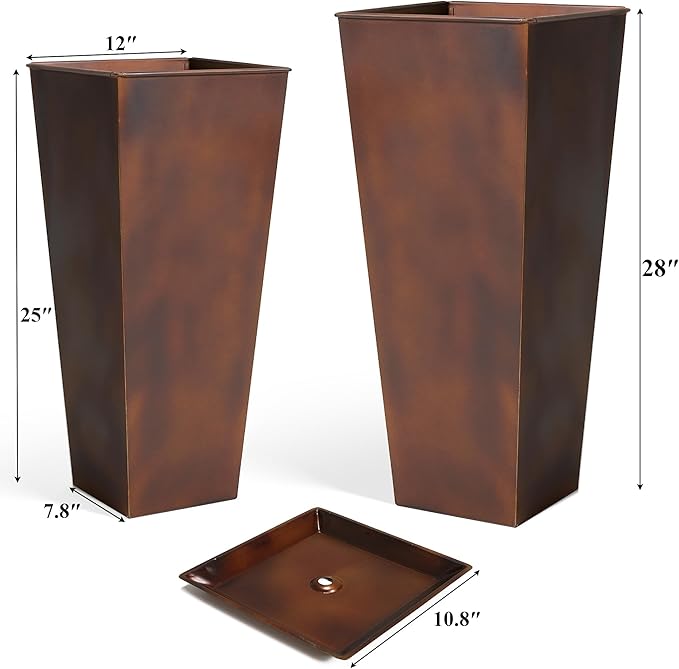 WORTH Garden Large Metal Planter Set of 2 (25" & 28" H.), Matte Bronze Retro Finish Tall Square Tapered Steel Plant Pots, Decor Flower Pot Indoor & Outdoor, Drainage Hole & Dual-Purpose Plant Saucer