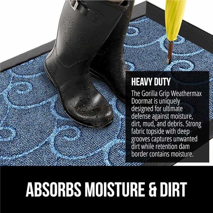 GORILLA GRIP 100% Waterproof All-Season WeatherMax Doormat, 72x24, US Designed Natural Rubber, Stain and Fade Resistant, Low Profile Indoor Outdoor Door Mats, Easy Clean Patio Mat, Ocean Blue Waves