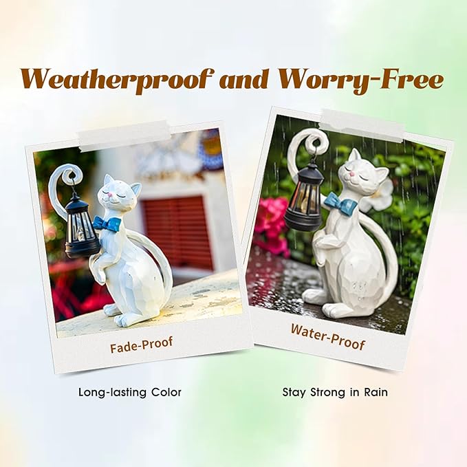 WHIMSYNOOK 10.7" White Cat Solar Garden Light Statue – Outdoor Garden & Yard Decor, LED Lantern, Gift for Cat Lovers