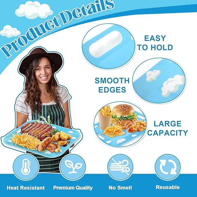 2Pcs Sky White Cloud Serving Trays with Handles 16 x 11 Inch Large Melamine Tray Cartoon Story Serving Platters, Toy Inspire Game Birthday Party Supplies for Serving Food Outdoor Dinner Dessert Plates