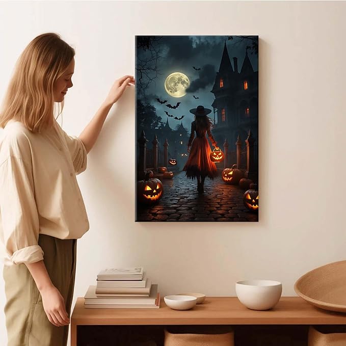 JFHCQJPK Halloween theme poster moonlit autumn night witch vintage poster art print dark college style gothic painting canvas wall decoration bedroom living room ideal gift12x16in Frameless