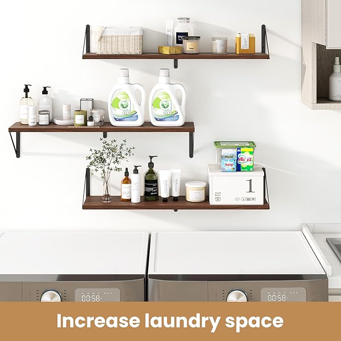 Heimlove 36 Inch Floating Bookshelves Set of 3,Heavy Duty Wall Mounted Bookshelves,Bookshelf for Living Room,Bedroom,Kitchen,Laundry Room Storage & Decor-Walnut Color