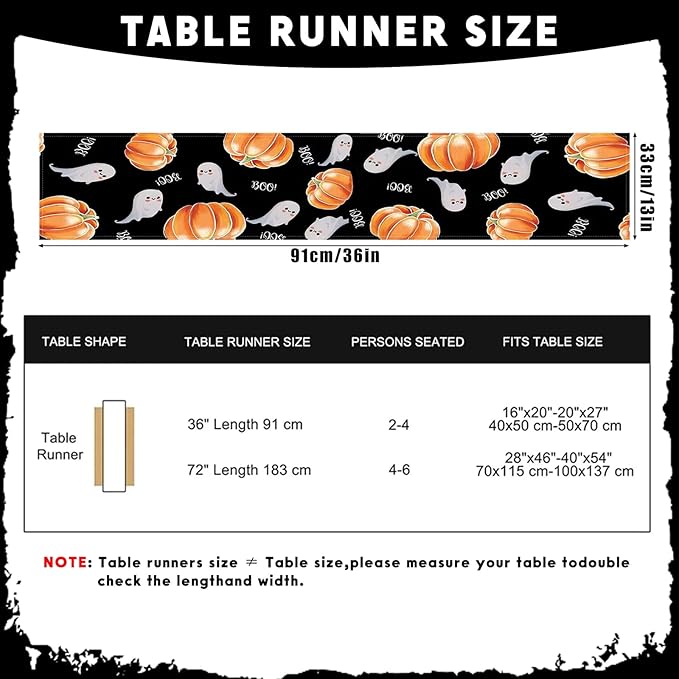 Halloween Table Runner Spooky Ghost Pumpkin Table Runner for Home Party Holiday Indoor Outdoor Table Decoration Halloween Table Decoration Kitchen Dining Table Decor 13 x 36 Inch (Black)