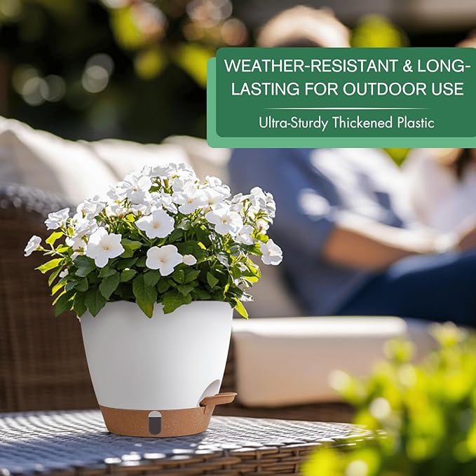 montresor 2 Pack 8 inch Plant Pots, PP Plastic Self Watering Plant Pot with Drainage and Tray for Indoor Outdoor Plants, Water Level Window & Reservoir Flower Pots Decorative Planter(White)