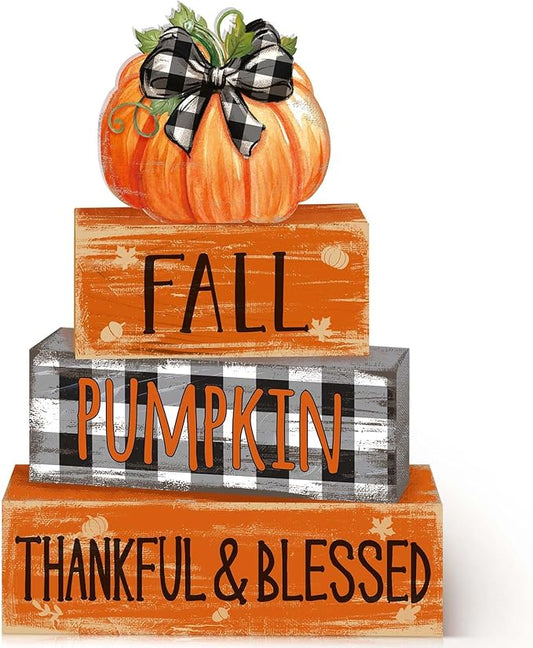 4 Pcs Fall Decor for Home Buffalo Plaid Pumpkin Wooden Signs with Blessed Autumn Tiered Tray Decor Grid Pumpkin Tabletop Centerpiece Fall Block Signs for Thanksgiving Office Kitchen Shelf