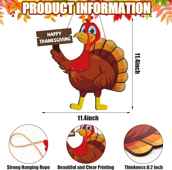 Jetec Happy Thanksgiving Turkey Door Sign Decor Wooden Turkey Sign Wall Art Hanging Rustic Plaque for Autumn Fall Thanksgiving Day Front Door Porch Home Decoration
