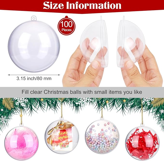 ANVAVO 100 Pieces 80mm Clear Plastic Fillable Ball Ornaments DIY Craft Transparent Baubles Shatterproof Christmas Tree Hanging Ornaments for Christmas, New Years, Birthday, Wedding, Home Decor