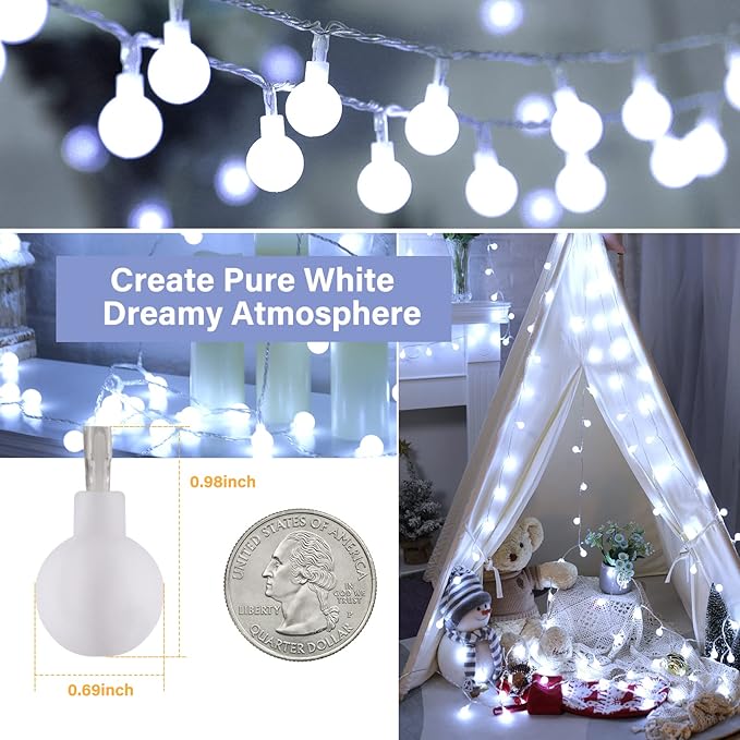 Minetom 66 Feet 200 Led Globe Ball String Lights - Fairy Plug-in With Remote, Waterproof for Indoor Outdoor Party Wedding Christmas Tree Garden Decoration, Pure White