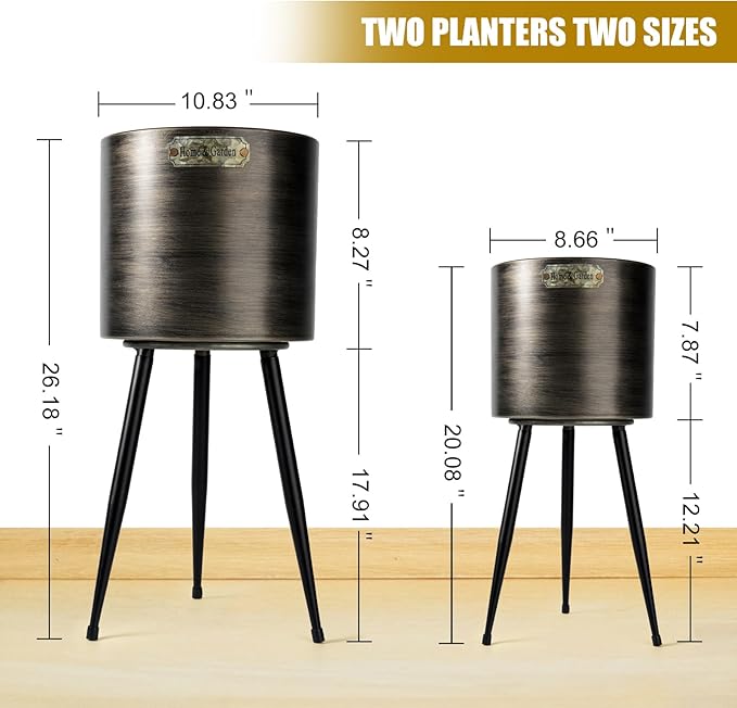 Harvest Land Plant Pots with Stand, Set of 2 Large Modern Planters Metal Tall Handmade Flower Pots with Drainage Holes Indoor Outdoor,Black