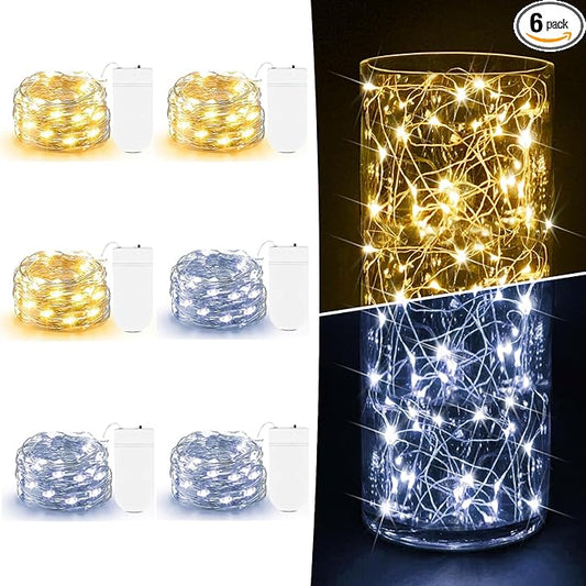 6 Pack Fairy Lights Battery Operated String Lights 7ft 20 LED Mini Twinkle Lights Silver Wire Lights for DIY Crafts Mason Jars Centerpiece Table Wedding Party Christmas Decor, Warm White & Cool White