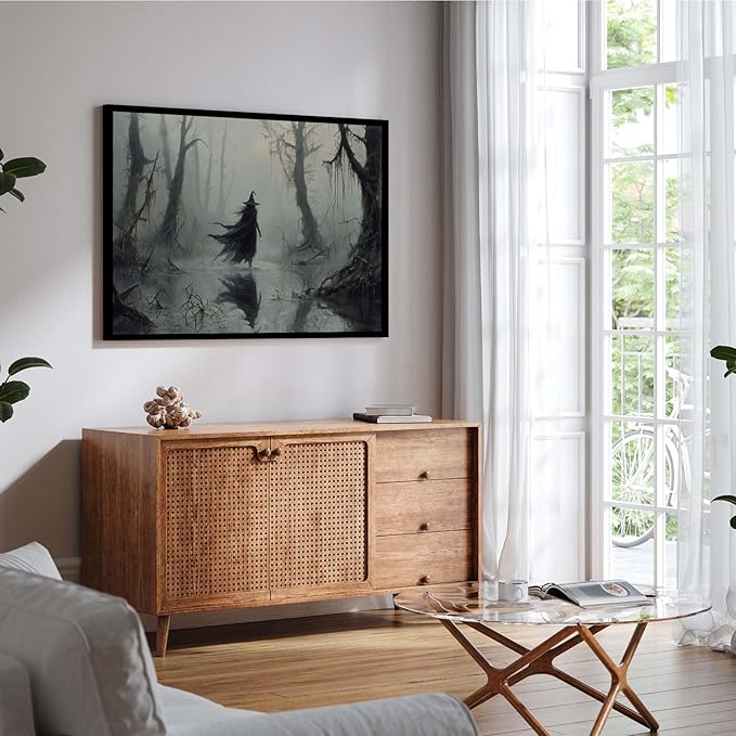 JFHCQJPK Vintage rustic swamp witch poster dark moody wall art gothic horror season halloween print for home decor retro dark moody painting8x12in Metal blackFramed