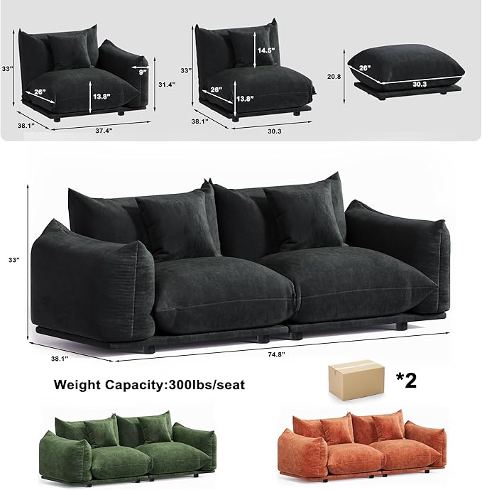 Modern Minimalist Chenille Modular Sectional Sofa, Oversized Couch and Loveseat Set with Thick Cushions, Upholstered Sofa for Small Spaces, Living Room, Bedroom, Office, Apartment(Black,75" Loveseat)