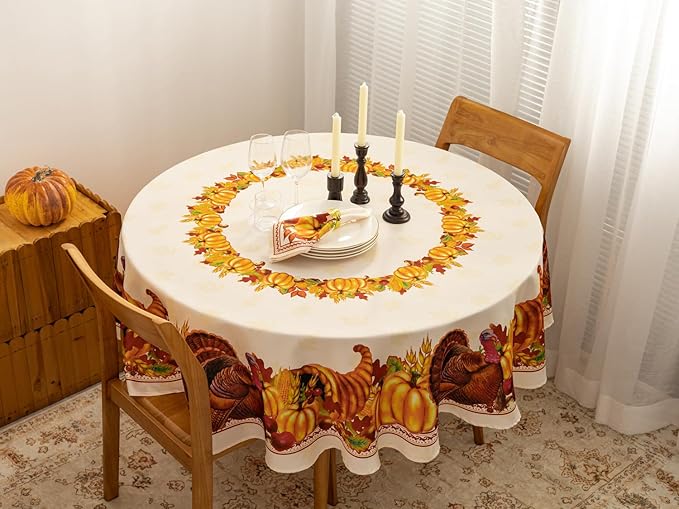 YiHomer Fall Thanksgiving Tabletop Collection for Kitchen Dining Decoration Parties Harvest, Harvest Party, Tablecloth, 70" Round