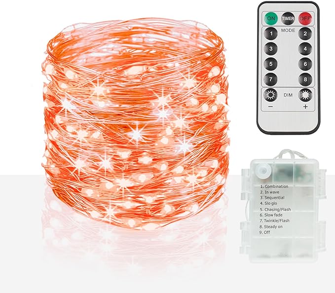 suddus Halloween Lights Battery Operated, 33ft 100 LED Orange String Lights for Outside Decorations Waterproof, Fairy Lights with Timer and Remote for Party, Yard, Outdoor, Tree, Wedding, Rroom Decor