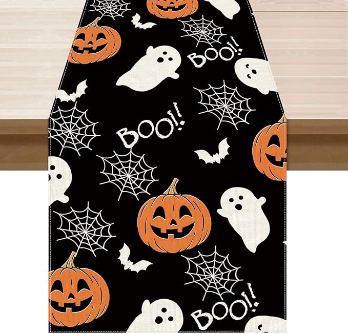 XCHI Boo Spooky Ghost Pumpkin Halloween Table Runner Burlap Table Decoration for Home Kitchen Dining Dinner Indoor Holiday Farmhouse Decor 13x108 Inch