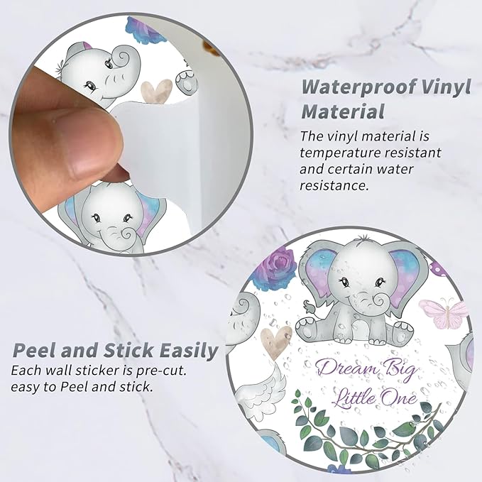 Wall Decals Stickers Dream Big Little One Elephant Wall Stickers Wall Murals Peel and Stick Removable Purple Rose Elephant Wall Decor for Baby Shower Room Nursery Boys Girls Bedroom Playroom Classroom