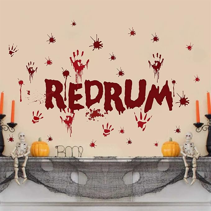 Halloween Redrum Murder Wall Decal Horror Ghost Hand Wall Decals Halloween Blood Splatter Decals Removable Peel and Stick Walls Stickers for Haunted House Party Window Decor