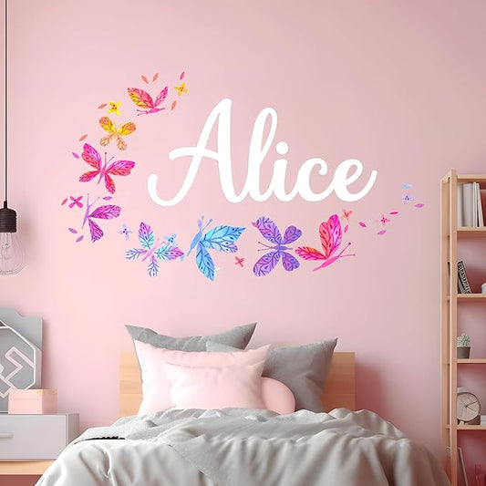 Personalized Name Wall Decals for Girls Bedroom - Butterfly Pink Room Decor with Rainbow Options - Multiple Sizes